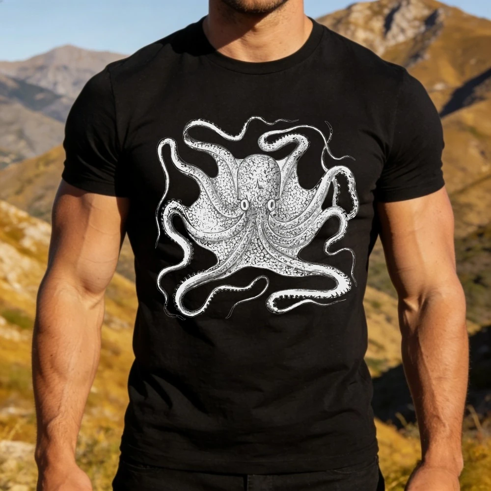 Retro Kraken T-Shirt Vintage Octopus Sea Creature Illustration Printed Tee Nautical Deep Sea Aesthetic Shirt Men Cool Streetwear