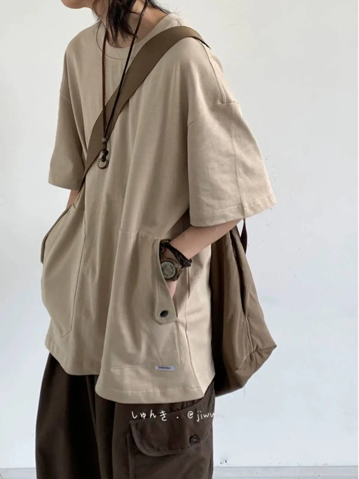 Unsiex Short Sleeve T-shirt 2026 Summer Japanese Retro Tee Loose Casual T Shirt Patch Pocket Fashion