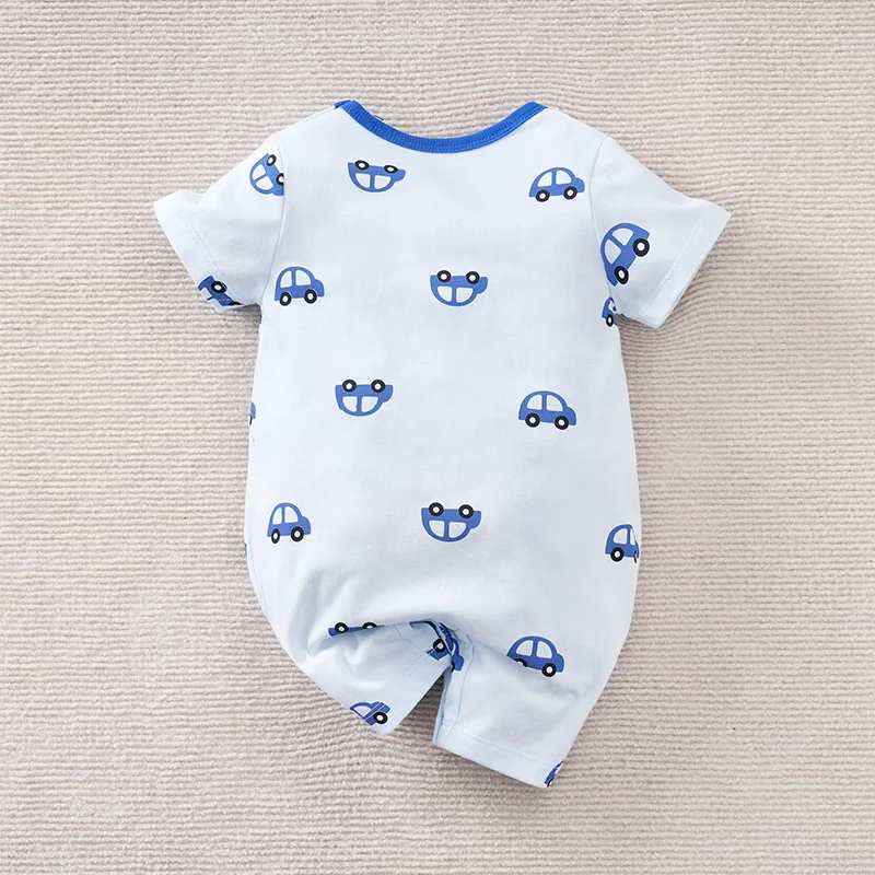 Newborn Boy And Girl Jumpsuit Baby Clothing Cute Cartoon Toy Car Baby Casual Full Print Light Blue Summer Short Sleeved Jumpsuit