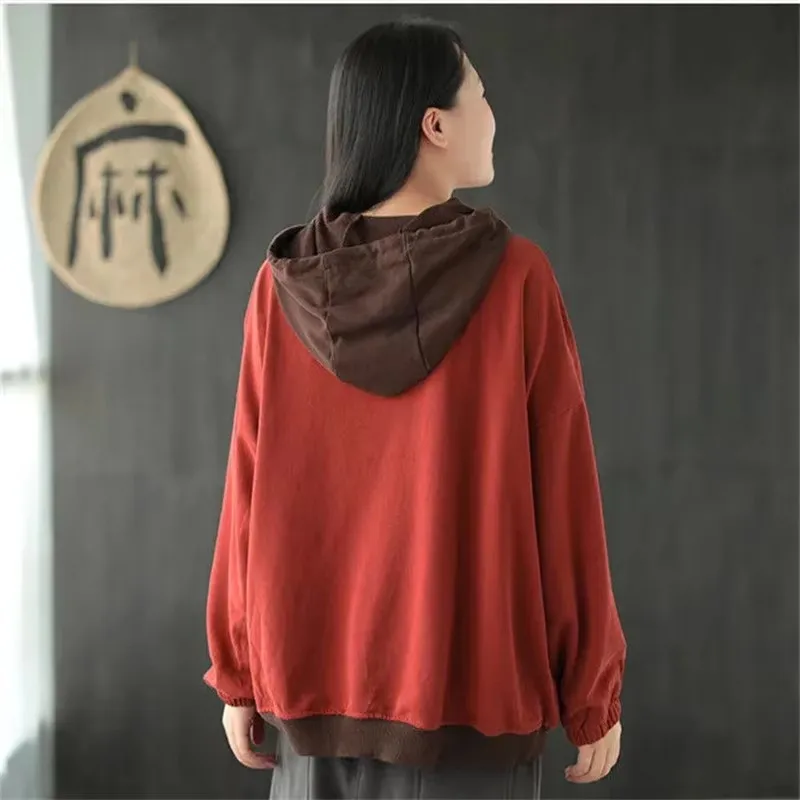 Damska bluza z kapturem i haftem Wiosna Jesień Nowy Retro Art Luźny Pullover Casual Damski Bawełniany Top 4XL