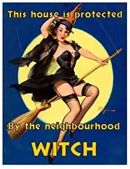 Pin Up Girl This House is Protected by Witch Vintage Style Metal Advertising Wall Plaque Sign  in-aluminum
