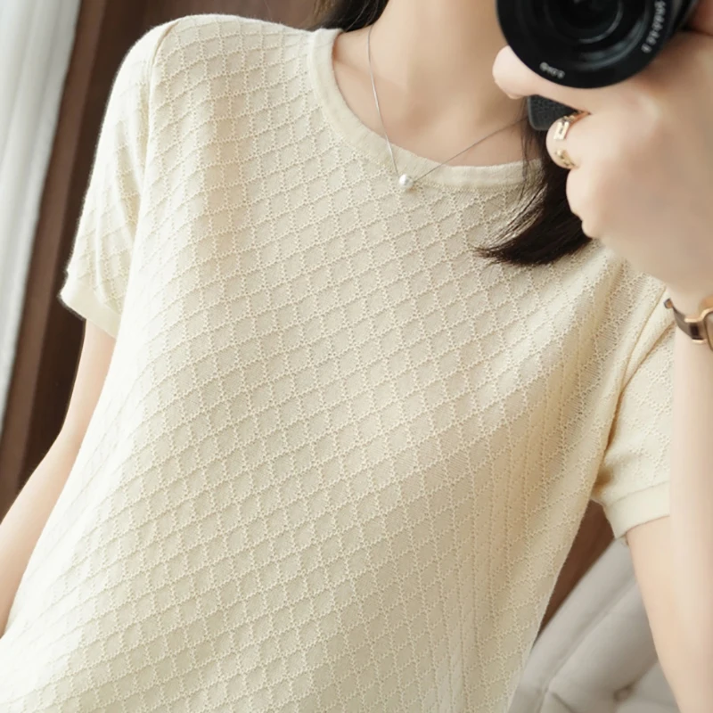 Plaid Knitted T Shirt Women Short Sleeve O-Neck Tee Shirt Korean Fashion Womens Clothing T Shirts Summer Tops Camisetas Mujer