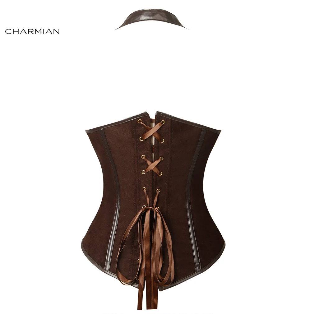 Charmian Punk Leather Corset Women Sexy Retro Gothic Halter Plastic Boned Underbust Corset with Buckles Brown Clubwear Bodice