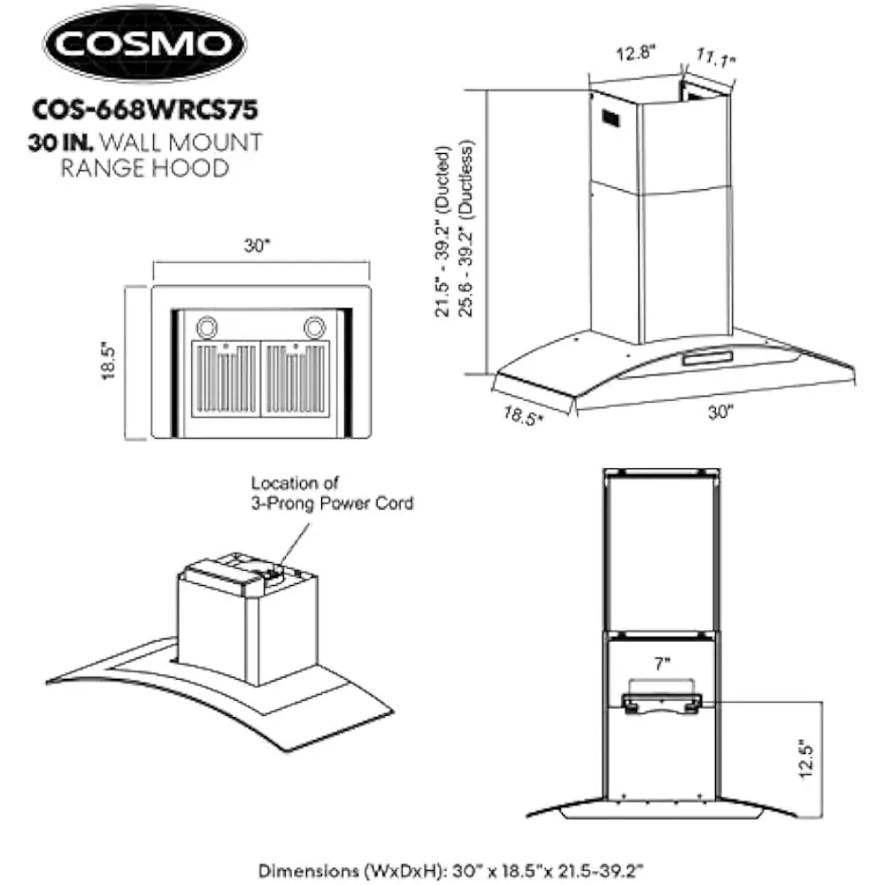 Campana extractora de montaje en pared con ventilación de escape con conductos, ventilador de 3 velocidades, controles táctiles suaves, filtros permanentes en acero inoxidable