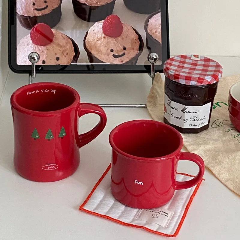 

Lucky Red Graffiti Waist Makeup Cup New Year Christmas Tree Cartoon Ceramic Home Breakfast Coffee Cup Couple Friend Gift