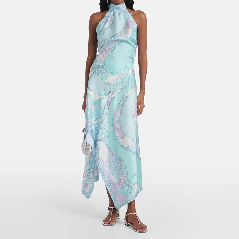 

Casual Print Vacation Women Outfit Vintage Lace Up Backless Halter Top Half Skirt 2 Piece Set Elegant Satin Irregular Beach Suit