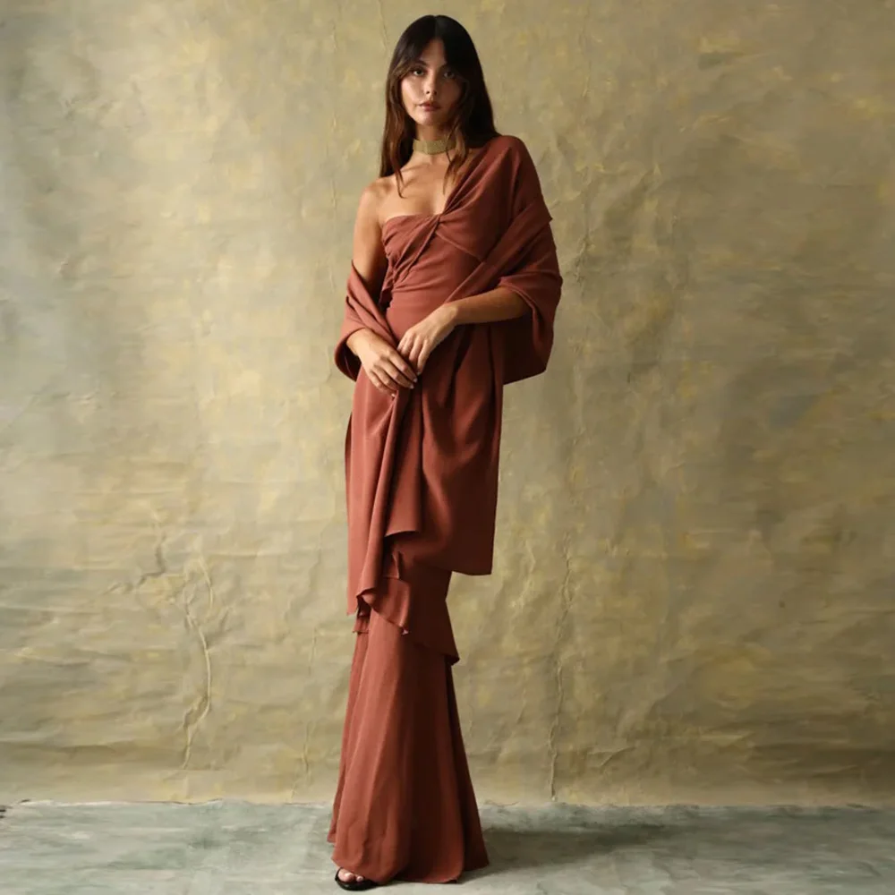 Customized  High Quality Russet Jersey Evening Dress Mermaid One Shoulder Party Dress Ribbons Celebrity Gowns High Qual