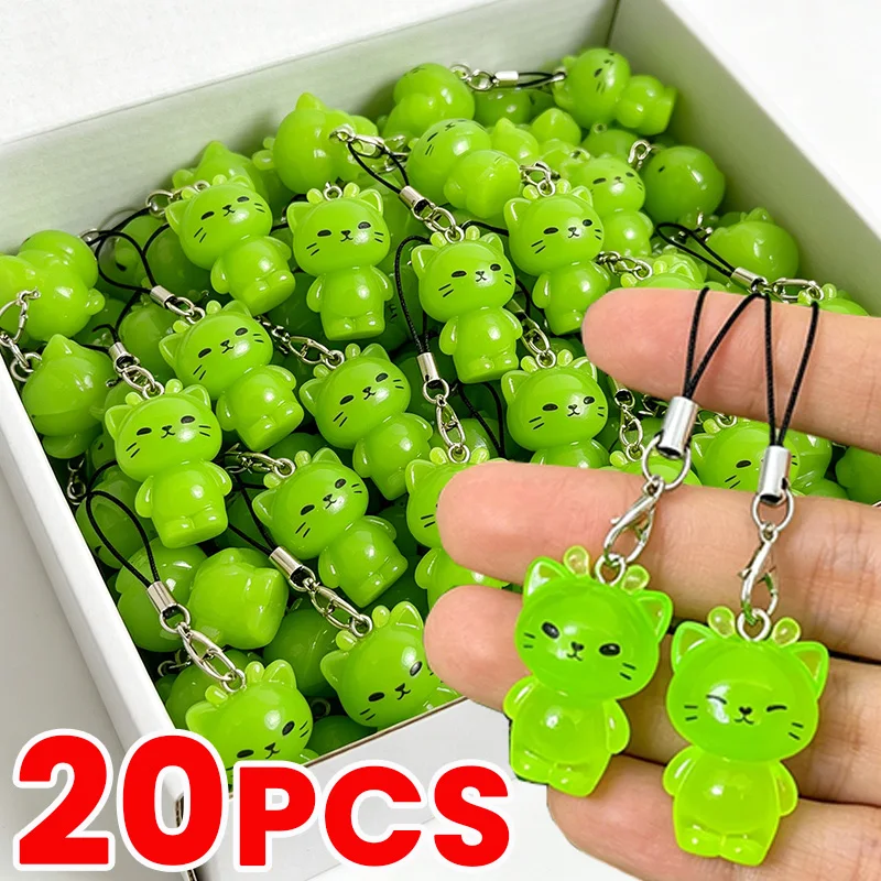 1-20pcs Mini Green Luminous Alien Cat Phone Key Chains Glow in The Dark for Phone Strap Keyring Bag Hanging Charms Student Gifts