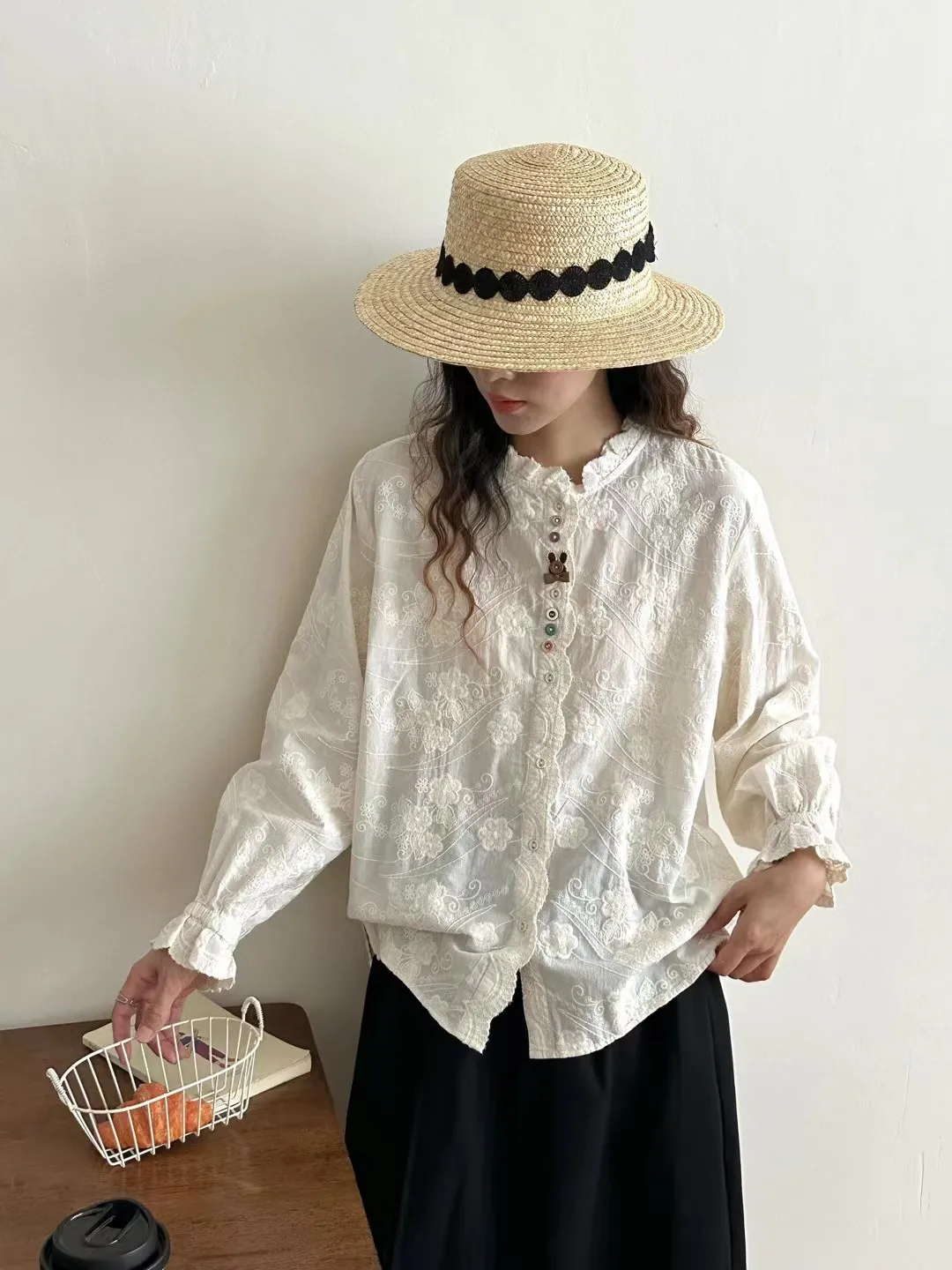 

Spring New Arrival Loose Fit Long Sve Cotton irt Embroidered Lace Collar Button Casual Sle Women's irt