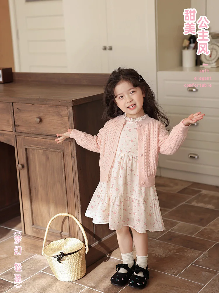 

A.Girls Autumn New Style Printed Dress Sweater Cardigan Two-piece Set