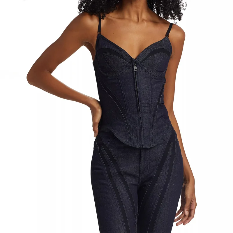 

Women's vest New semi transparent mesh splicing sleeveless top for summer 2025 cotton blended denim vest Sexy backless Tank top