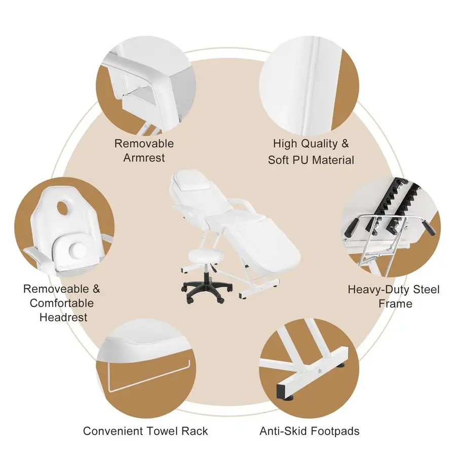 Cadeira de tatuagem para salão de massagem, cama de esteticista com banco hidráulico, mesa de cama facial multiuso de 3 seções, barbe de beleza ajustável