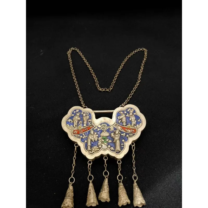 Old Tibetan Silver Boy in Spring, Children's Lock Scene, Blue, Handmade, Beautiful Color, Gift for Friends