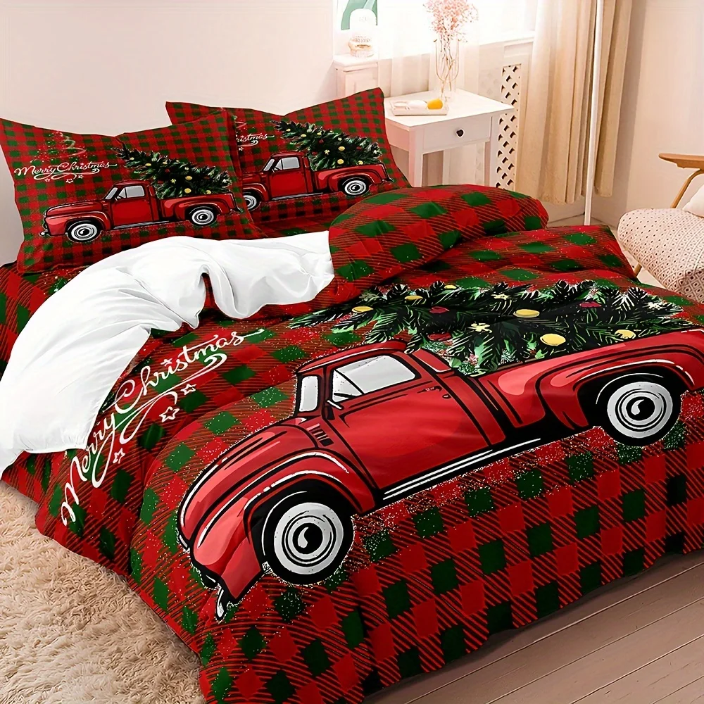 Christmas Tree and Red Car Duvet Cover Set Multi Size Quilt Cover Queen Size Bedroom Bedding Decoration Machine Washable Adult Boy Girl Bedroom