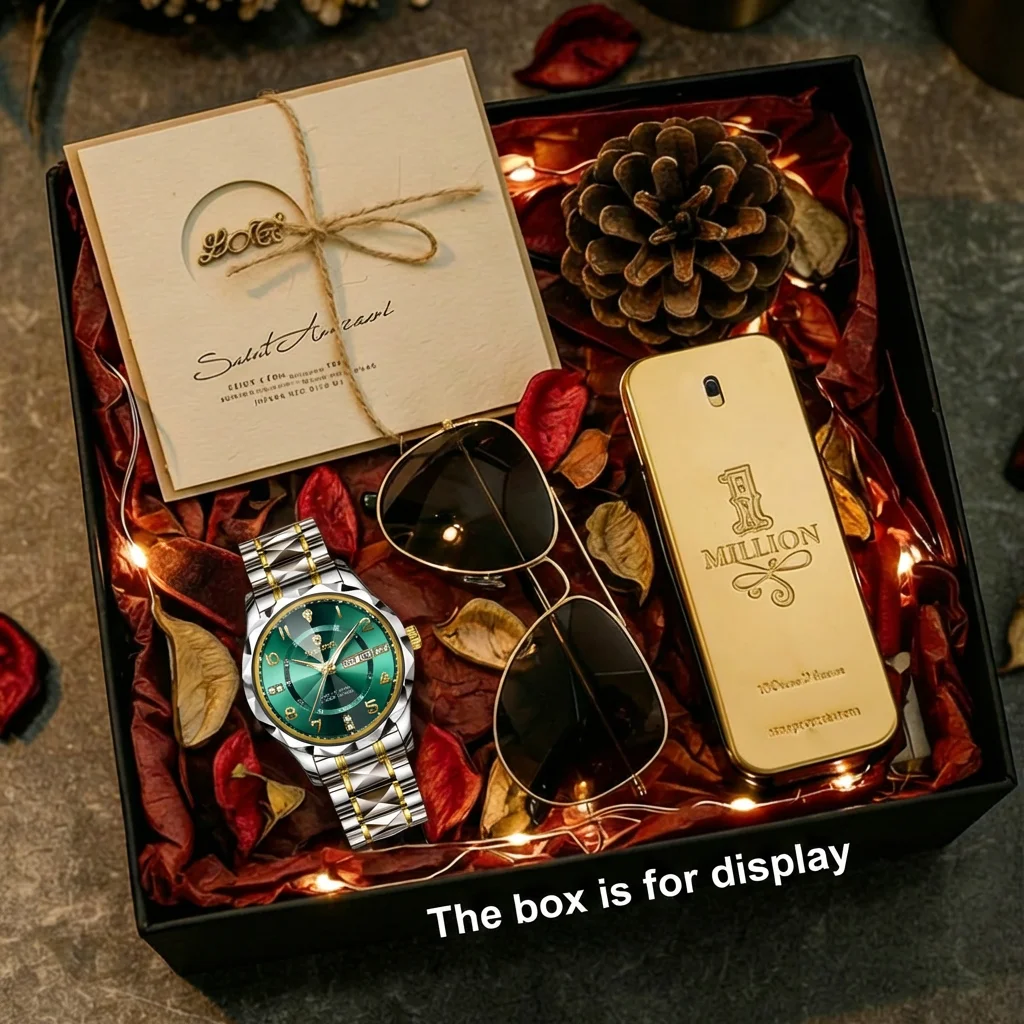 

4pcs Men's Green Dial Two-Tone Stainless Steel Elegant Diamond Accents Date Display Quartz Watch Gift Set Birthday Anniversary