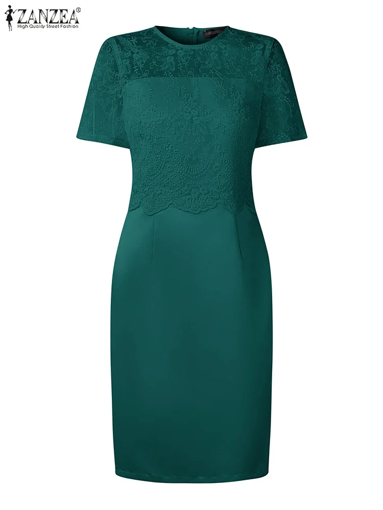 2025 Abito da festa elegante ZANZEA Donna Elegante patchwork di pizzo Abiti estivi Manica corta Slim Fit Vestito estivo Abito longuette in raso solido