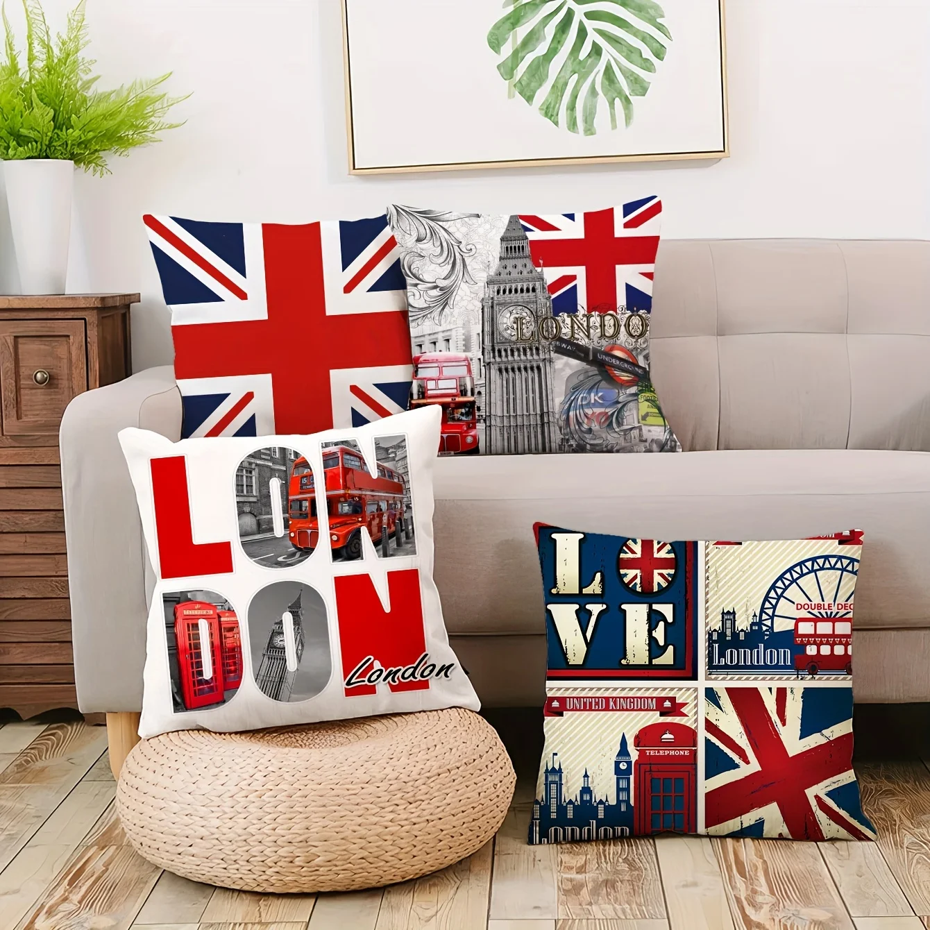 4pcs Set Vintage London Throw Pillow Covers, Ultra Soft Short Plush, Zip Closure, Hand Washable for Sofa & Car Decor