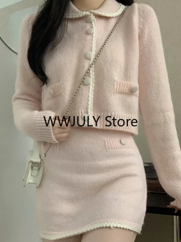 Pink Korean Fashion Knitted Suit Elegant 2 Piece Set Woman Casual Sweater Tops + Sexy Bodycon Mini Skirt Office Lady 2023 Autumn