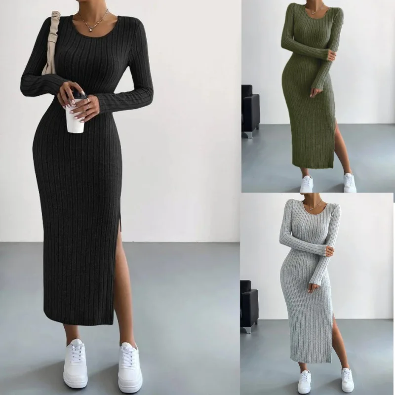 2024 autumn and winter new long sleeved round neck slit knitted long style fashionable and casual dress for women