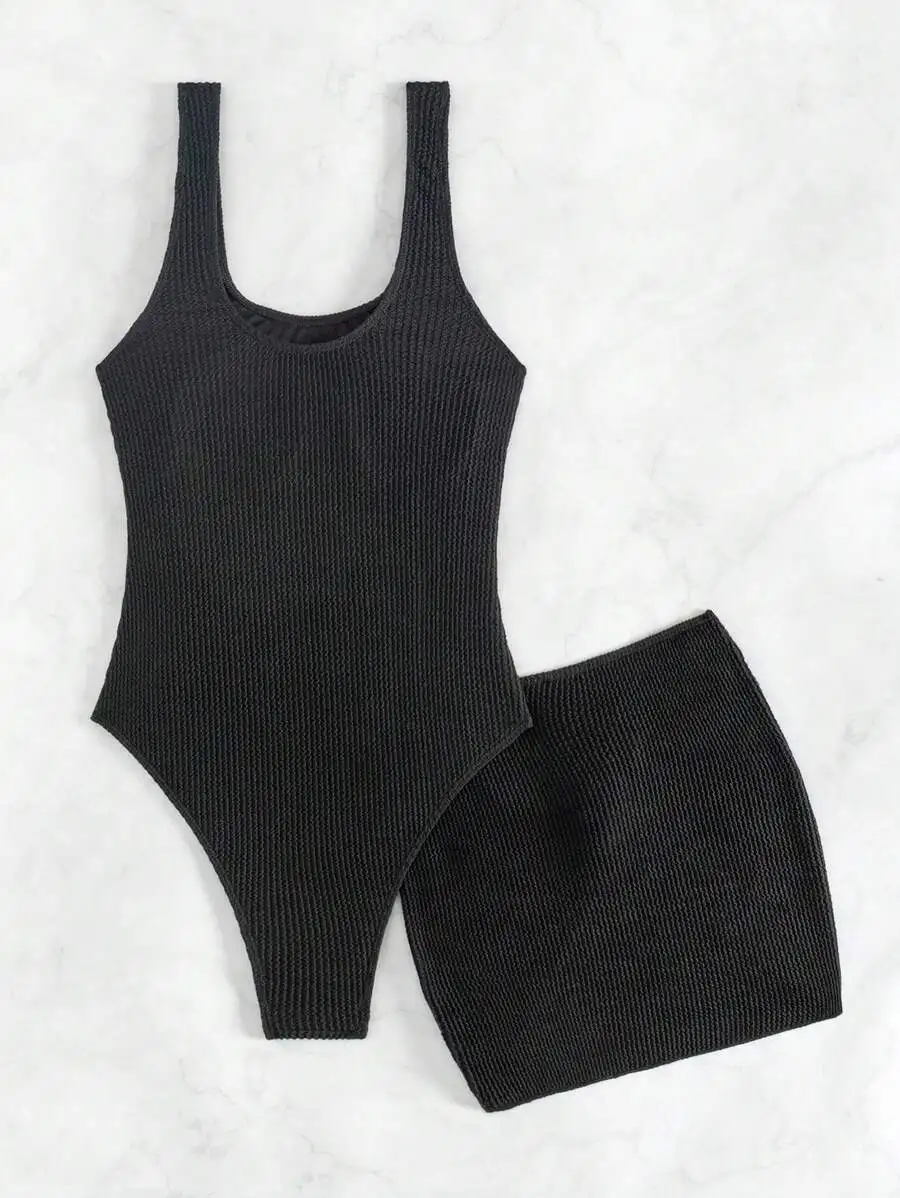 Ribbed Knit One-Piece Swimsuit With Matching Cover-Up Skirt