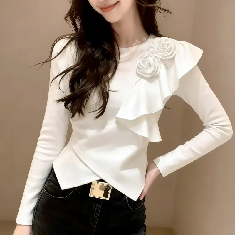 French Gentle Style Women Round Neck Rose Ruffle Long Sleeve Top Slim Waist Irregular Blouse
