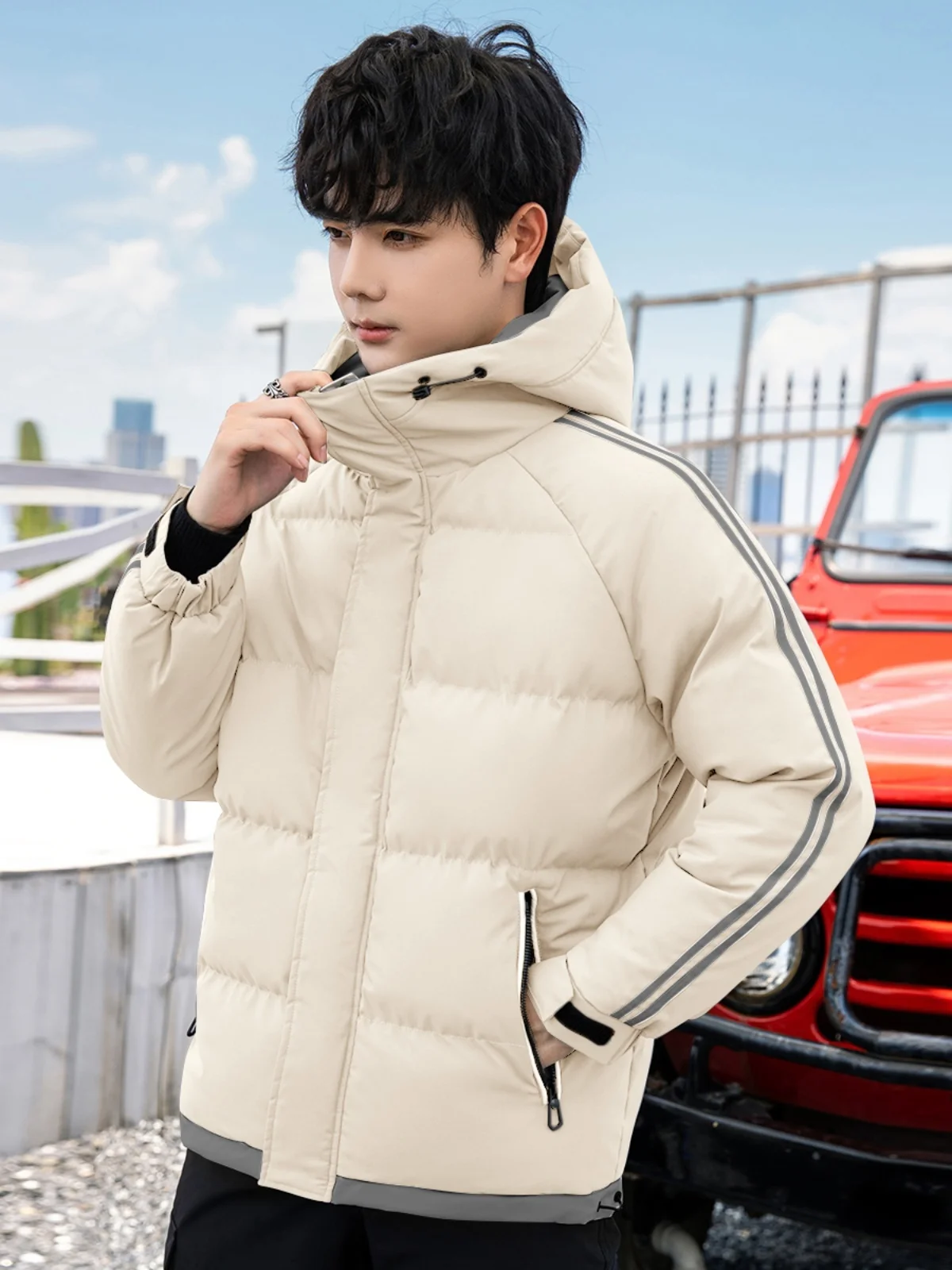 

Trendy Winter Cotton Jaet for Men Hooded Thi Warm Casual Faionable Polyester Fiber Long Sve Zipper Closure Coat