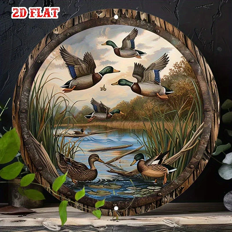 2D Flat, 2D Flat 1pc Calm Pond Round Aluminum Sign, Wildlife Scene Metal Tin Sign - Nature Harmony Rustic Metal Wall Art, Duck F