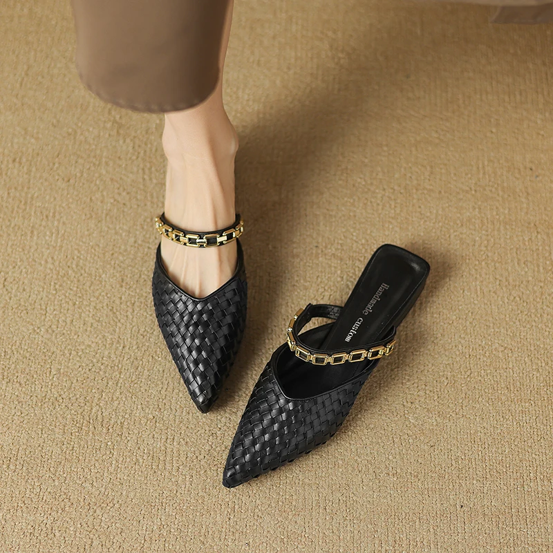 2026 summer women sandals natural leather plus size 22-25.5cm weave cowhide+sheepskin+pigskin pointed toe buckle women slippers