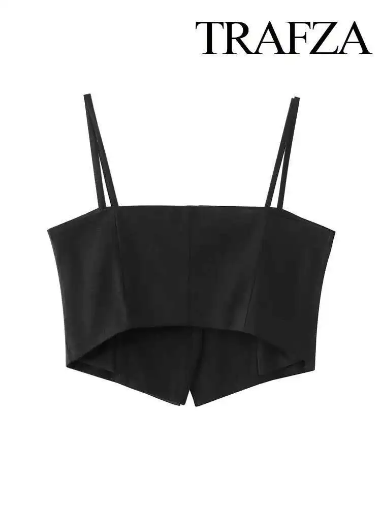 

New Summer Fashion Women Black Square Collar Sleeveless Backless Single-Breasted Pockets Y Tank Tops