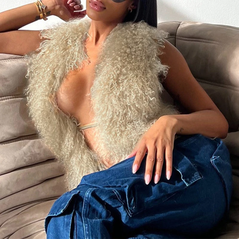 BKLD Sexy Temperament Fluffy Tops For Women High Street Y2K Nightclub Outfits Faux Fur Backless Lacing Solid 2026 Vest Waistcoat