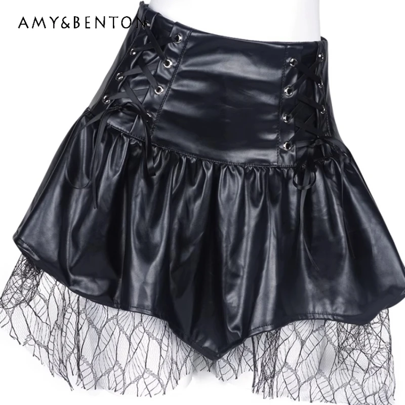

Spring Summer New Black Mesh Lace-up Women's Leather Skirt Original Design Gothic Dark Sweet Cool Versatile Short Skirts Ladies