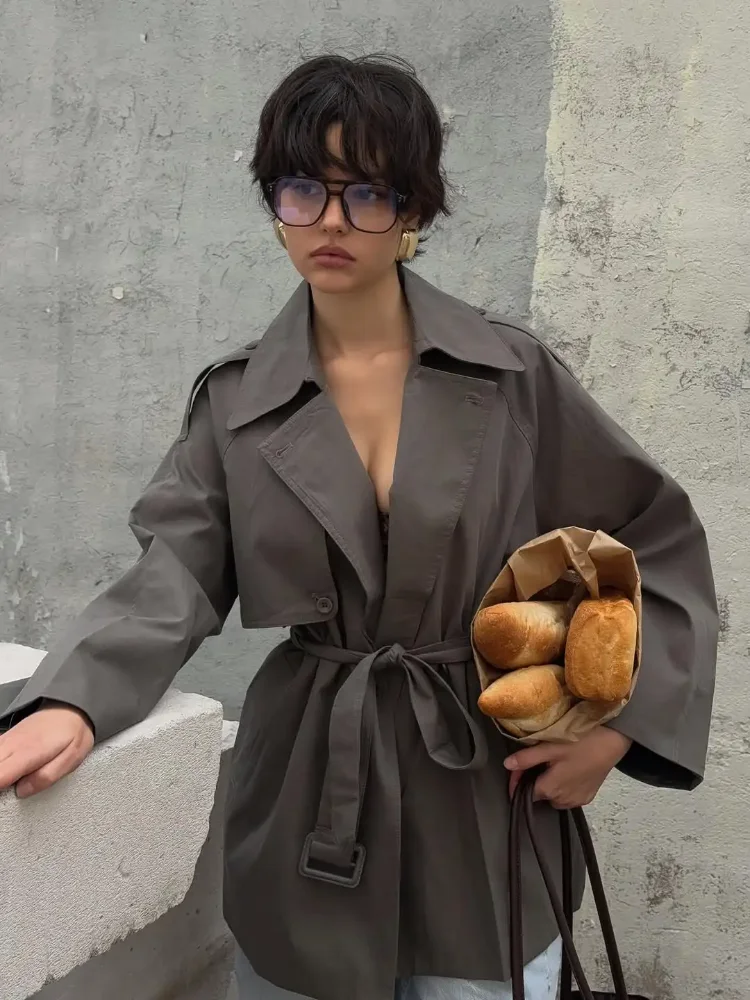 

Fashion Women Brown Lace Up Trench Coat Elegant Lapel Single Breasted Loose Coats 2025 Chic Lady Autumn Daily Street Windbreaker