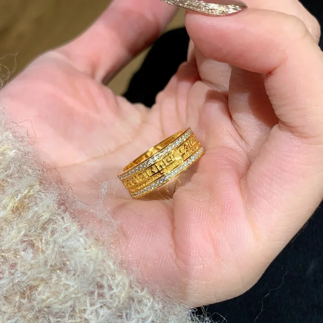 Luxury 9999 24K real gold Xiaohongshu hot green Tara ring 2025 new ancient style gold flashing diamond ring opening adjustable