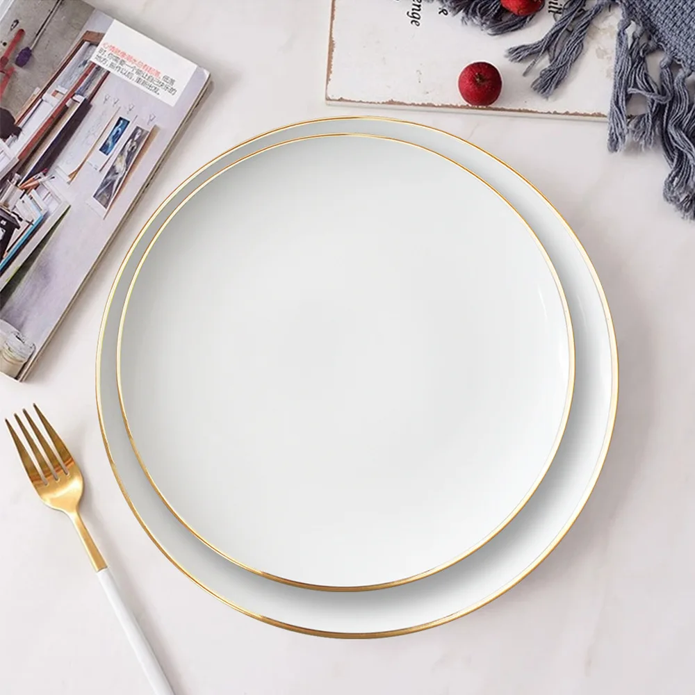 Juego vajilla porcelana hueso con borde dorado lujo, plato porcelana blanca pura para postre, carne, fideos, aper