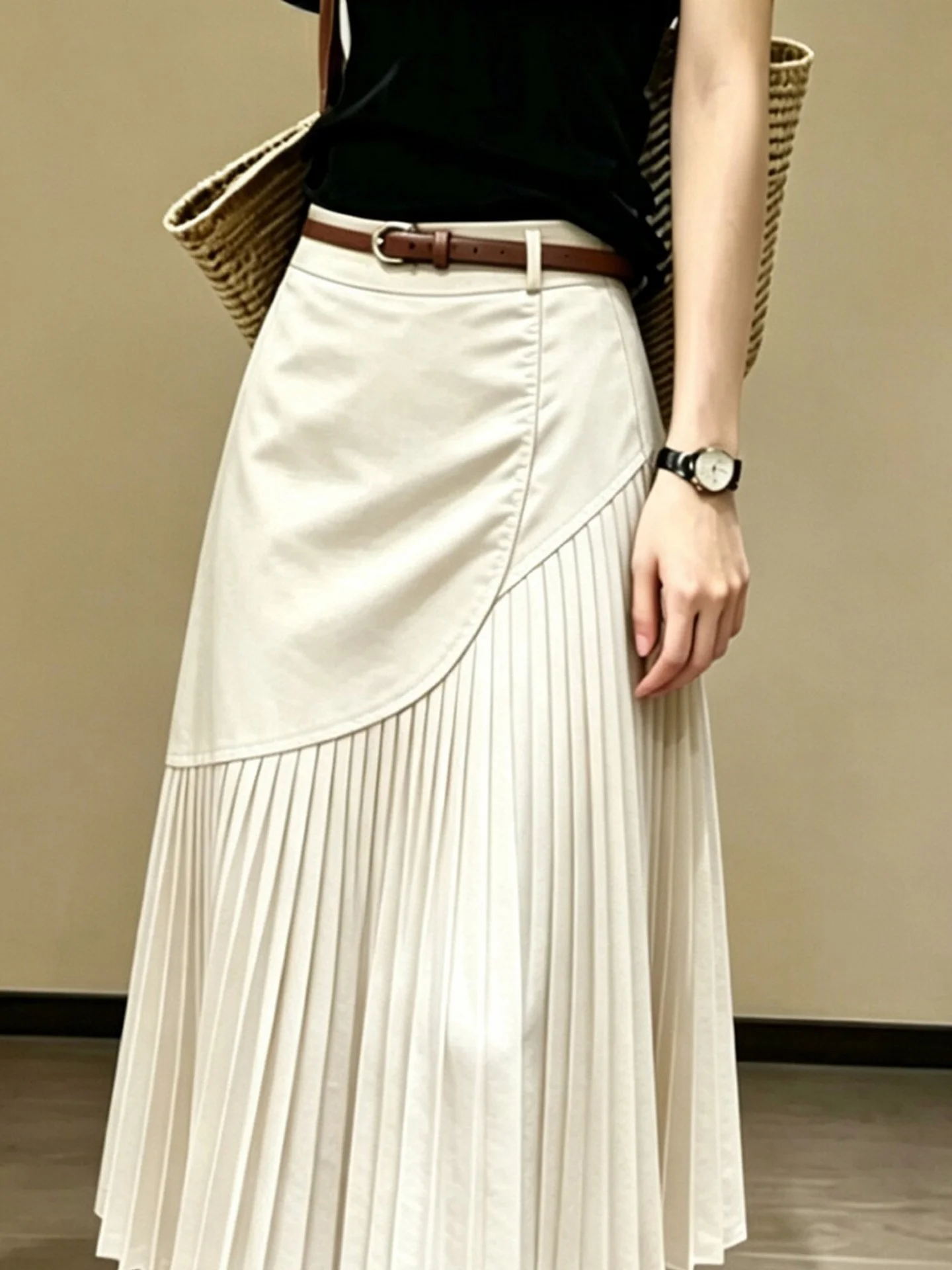 Elegant High Waist Pleated  Skirt for Women Commute Slimming A-Line Skirt Summer Fashionable Beautiful Half-length Skirt