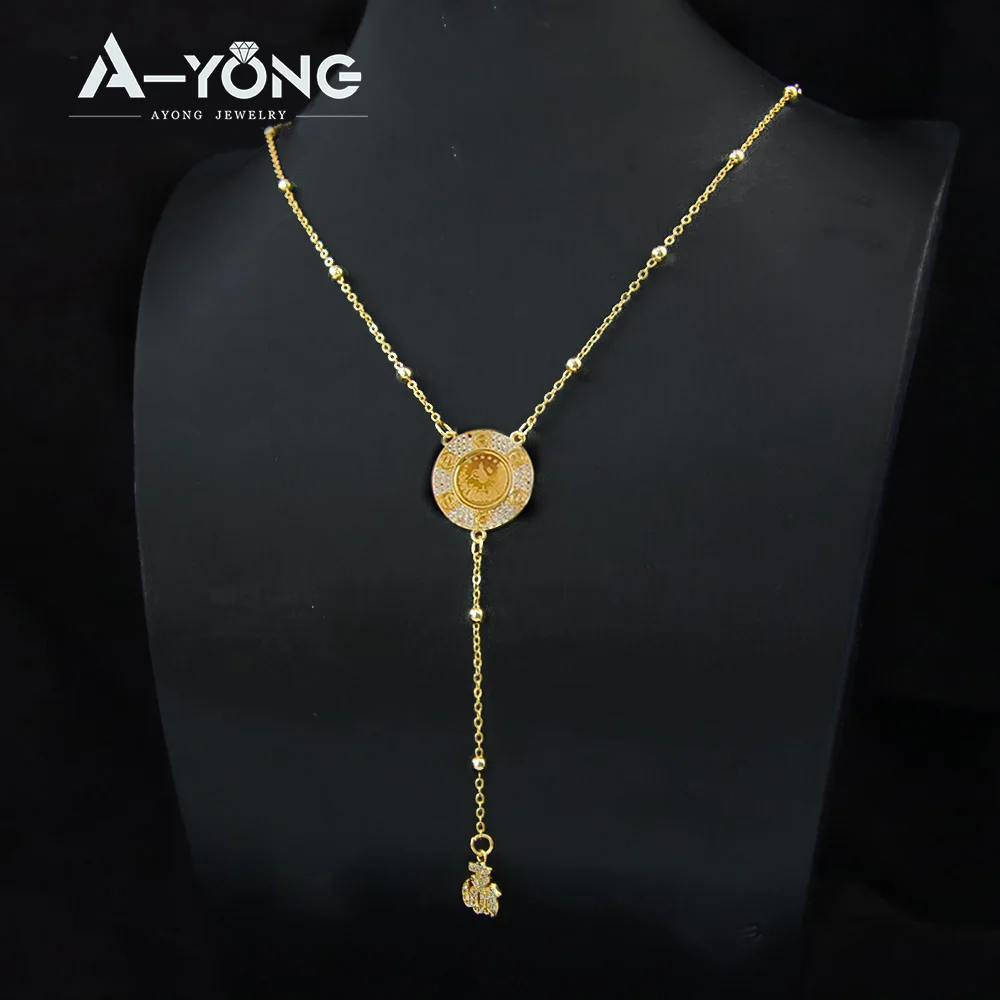 Islamic Saudi Gold Color Long Necklace 21k Gold Plated Zircon Brazilian Italian Coins Pendant Women Fashion Event Party Jewelry