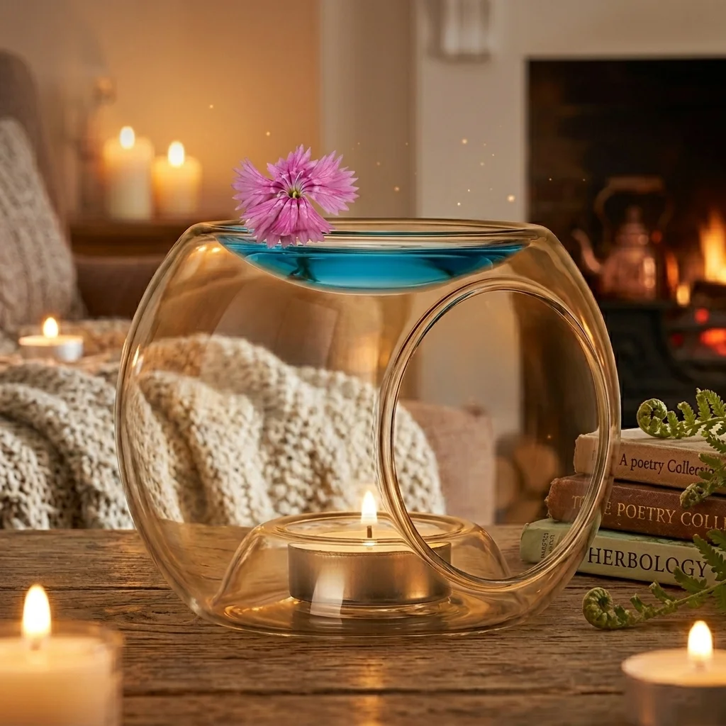 Glass Fragrance Aroma Oil Burner Tealight Holder Candle Wax Tart Warmer Desk Home Decor, Cozy Aromatherapy Diffuser Gift