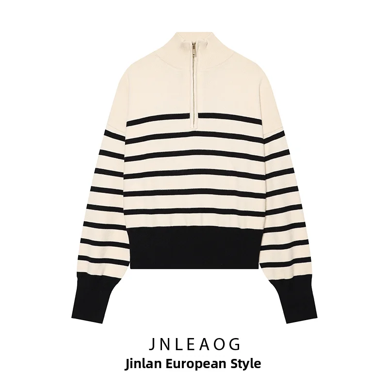JNLEAOG Comfortable Casual Striped Zipper Knitwear Women's Fashion Autumn New Arrival Polyester Fiber Long Sleeve Regular Length