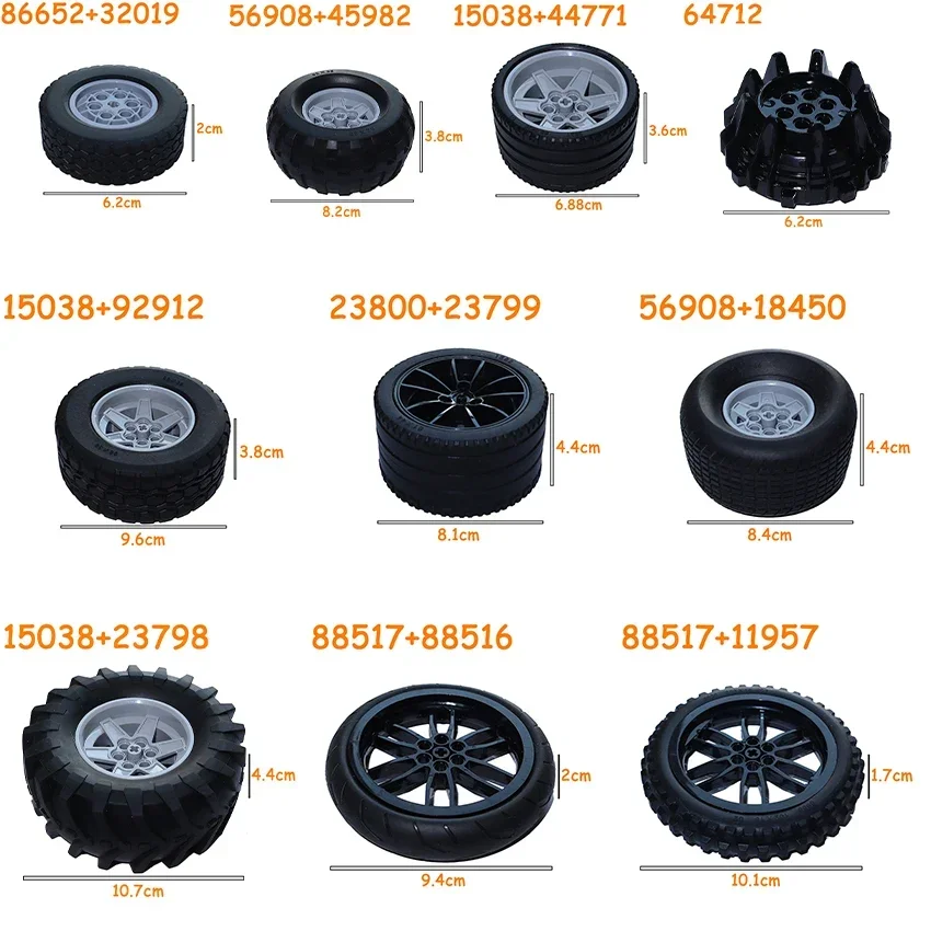 Car Truck Wheels Hub Bricks MOC Technical Tire Wheel Cross Hole Set Motorcycle Tyre & Rim Construction Building Blocks