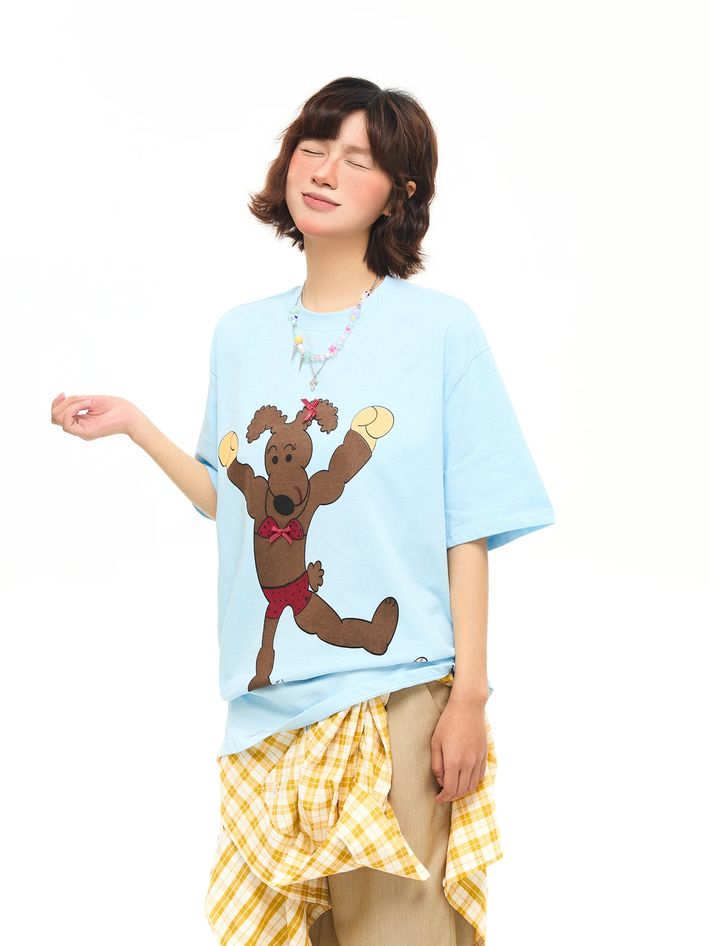 

Женская повседневная футболка свободного кроя с круглым вырезом и коротким рукавом, с принтом американских собак, в стиле колор-блок