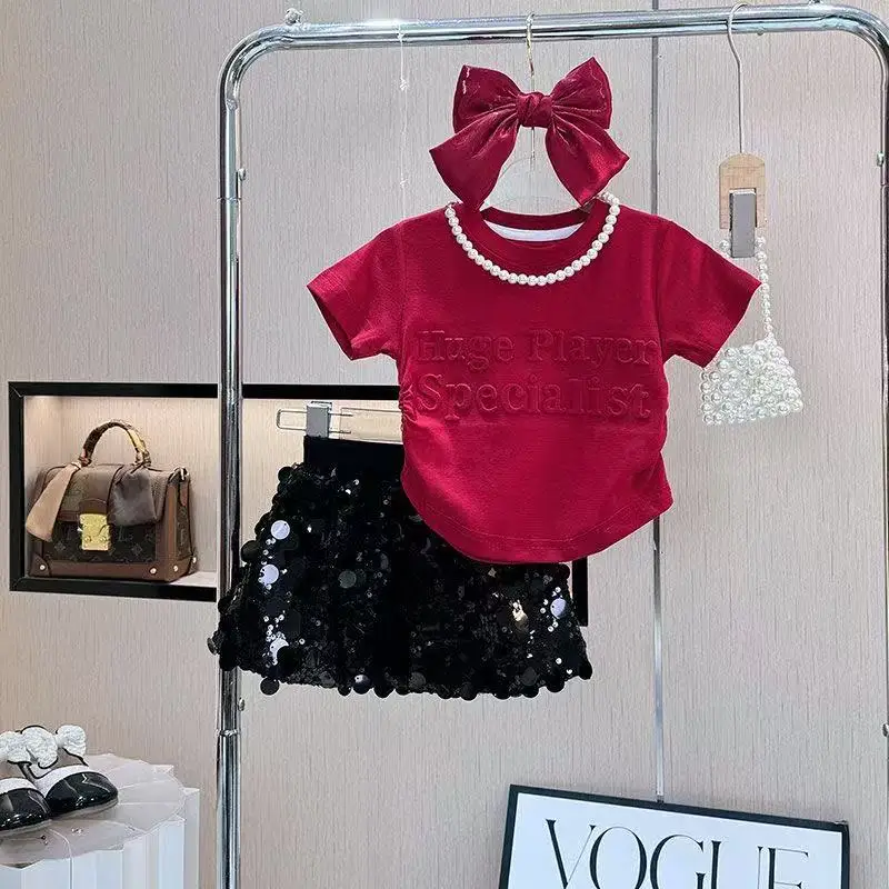 

Girls' Clothing Set Summer New Style Children's Red Short Sleeved T-shirt+sequin Short Skirt Two-piece Set Kids Outfits