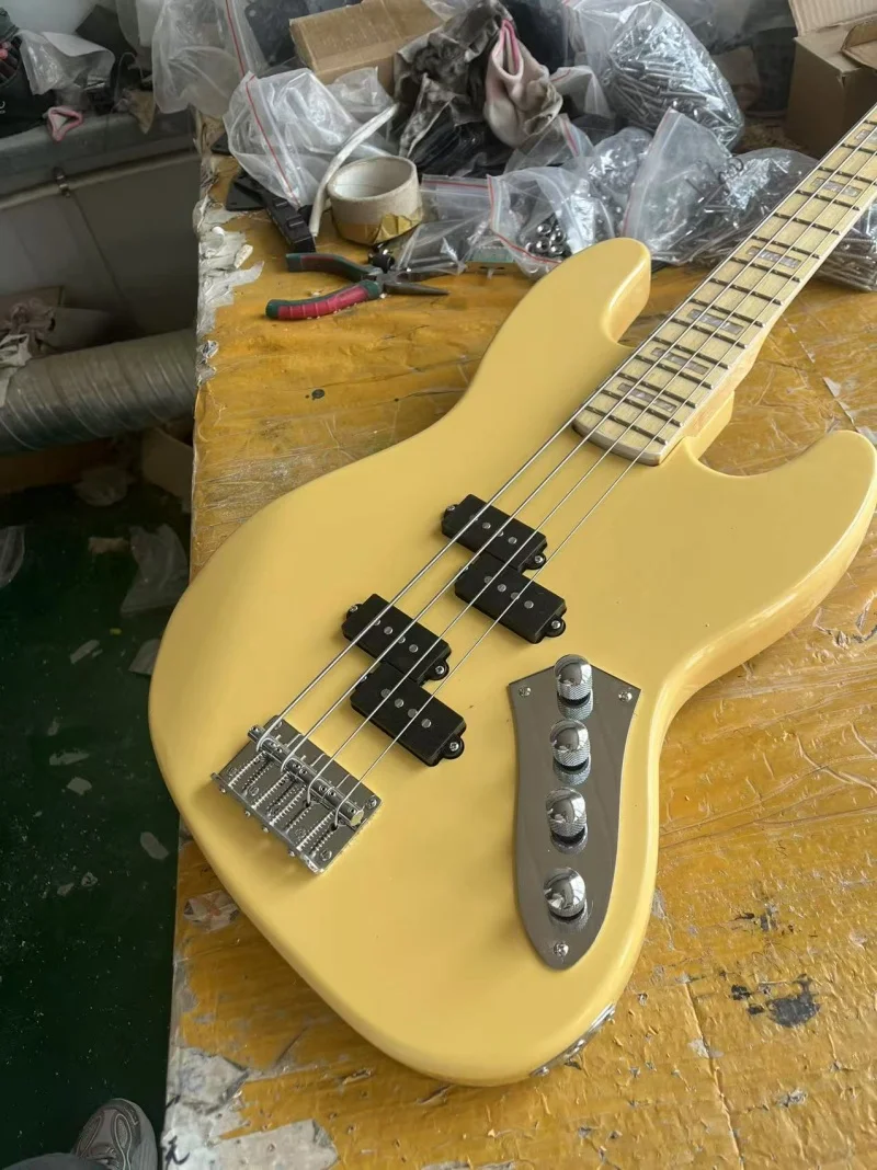 Custom 4-string electric bass, Cream body, natural neck, P Bass pickup, string through body, free shipping