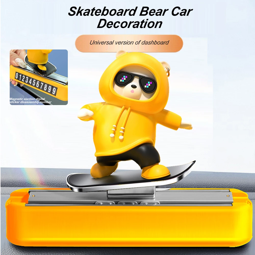 Cute Cartoon Skateboard Sliding Bear with Parking Plate Creative Car Ornaments Auto Interior Decorations Universal Multi Color