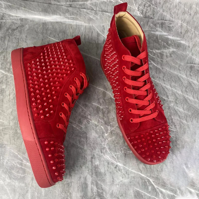 Red Rivets Suede For Men Shoes Stylish High-top Designer Sneakers Spring Lace-up Casual Sports Leather Luxury Trainers Men Shoes