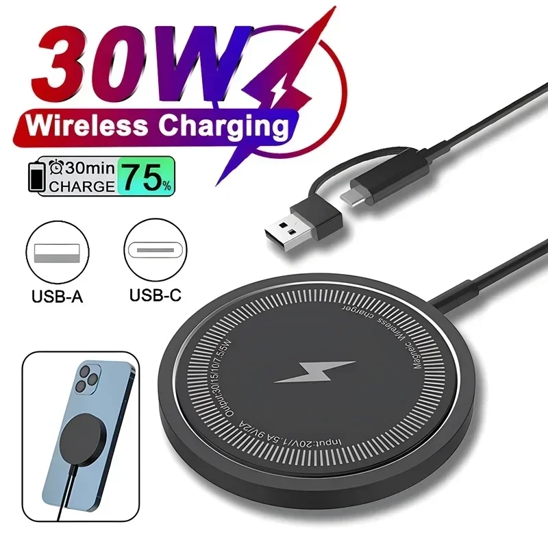 30W Magnetic Wireless Charger Pad Stand For iPhone 12 13 14 15 16 Pro Phone Chargers USB PD Fast Charging Dock Station