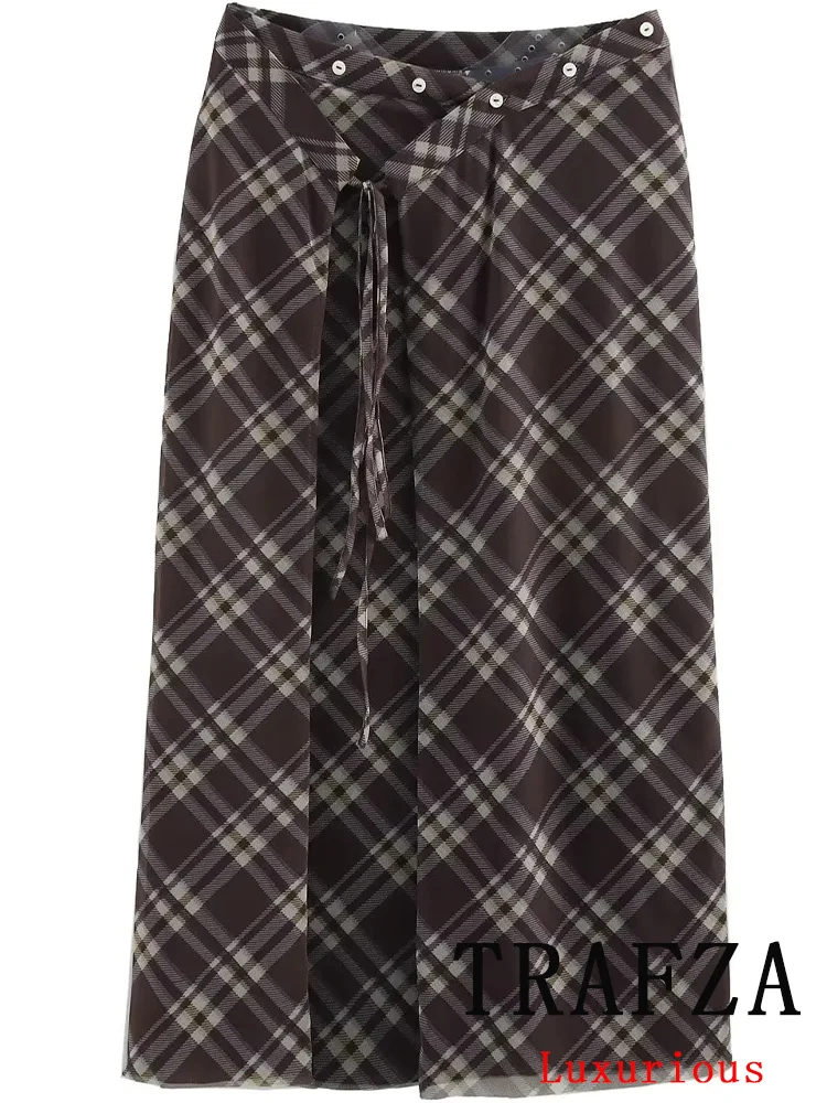 TRAFZA Vintage Casual Women Skirt Plaid Button Lace-up Long Straight Skirt New Fashion 2025 Spring Summer Holiday Long Skirt