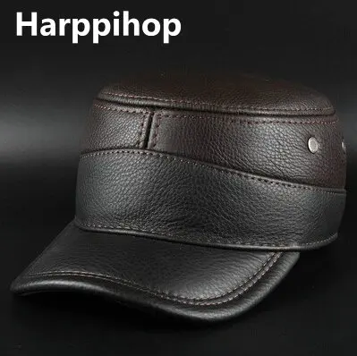 Harppihop Men\'s genuine leather baseball cap brand new winter warm real cow leather caps hats