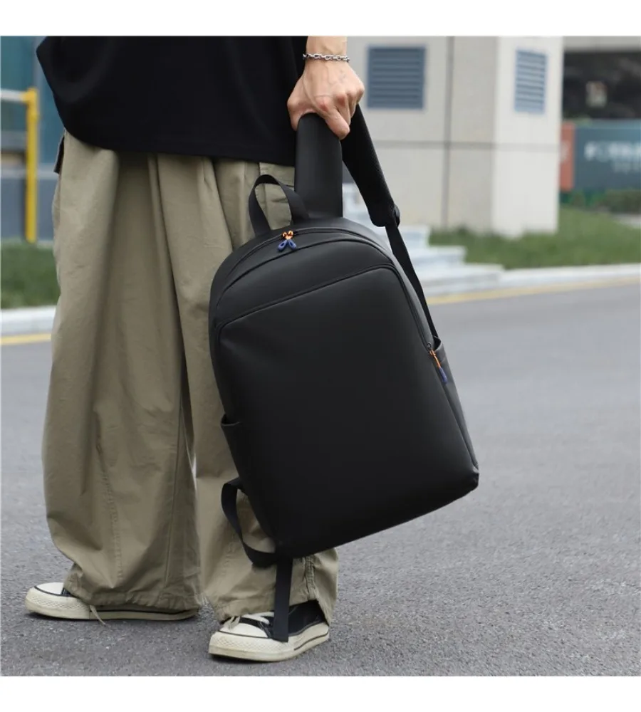 Stylish matte black men's laptop backpack anti-splash soft lightweight schoolbag for daily use and weekend trips