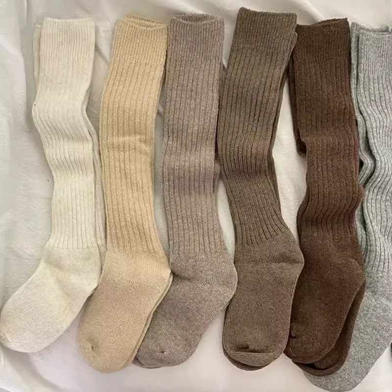 Soft Wool Long Socks Women Autumn Winter Cashmere Solid Knitted Stocking Skinny Casual Knee High Fluffy Warm Thicken Girls Socks