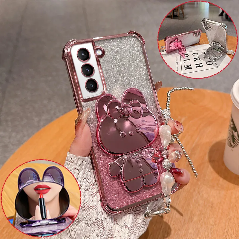 Fashion Cute 3D Bunny Mirror Stand Phone Case For Samsung Galaxy S22 Plus Ultra Glitter Anti Drop Cover With Pearl Chain Girly